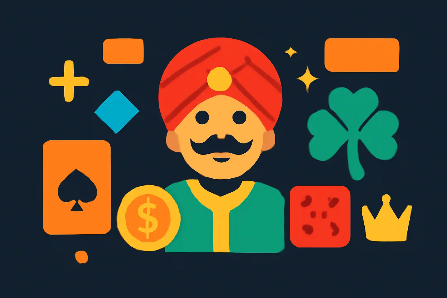 Hero illustration: Raja Luck, modern flat design, dark background, brand-neutral, icons and shapes only, no text