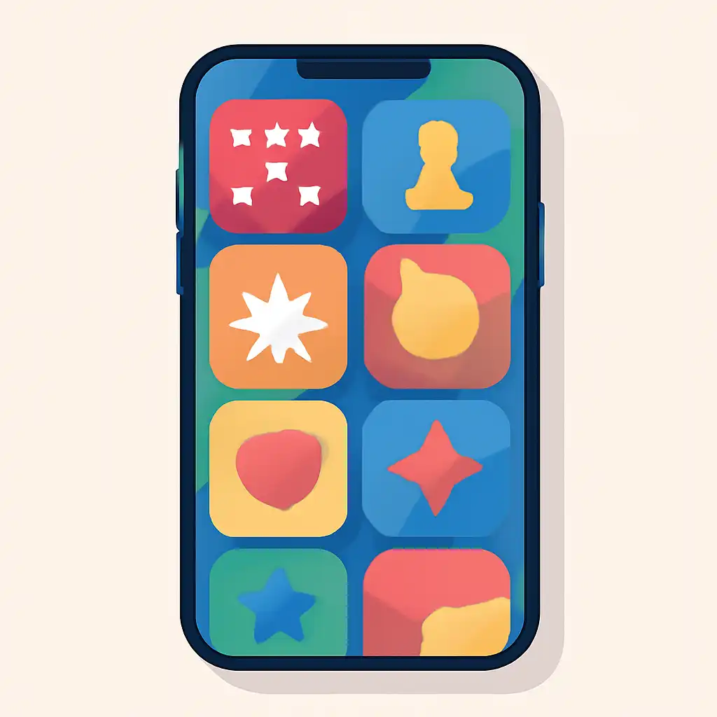 Smartphone shown from the front displaying a colourful flat layout of abstract game icons and rounded tiles (no text, no letters, no labels), Raja Luck