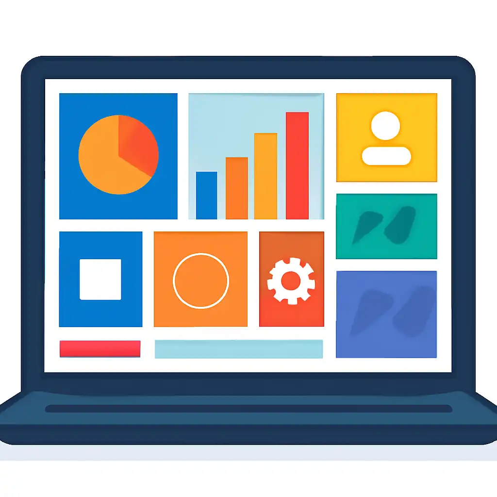 Laptop shown from the front displaying a colourful flat dashboard of abstract charts, bars and icon tiles (no text, no letters, no labels), Raja Luck