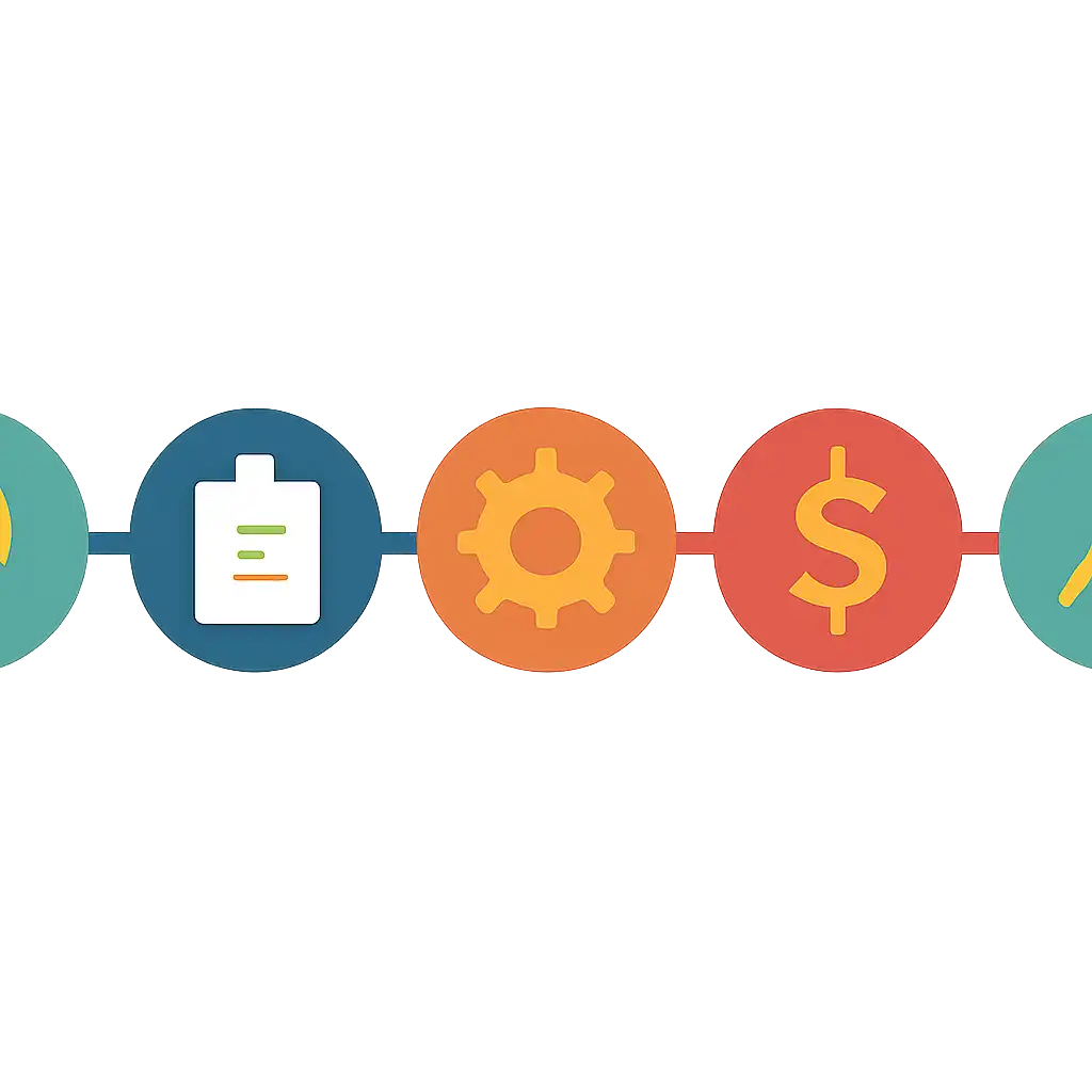 Five numbered circular icons connected by arrows in a horizontal flow, flat illustration, icons only, no words, Raja Luck steps