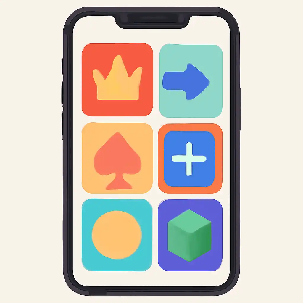 Smartphone shown from the front displaying a colourful flat layout of abstract game icons and rounded tiles (no text, no letters, no labels), The raja