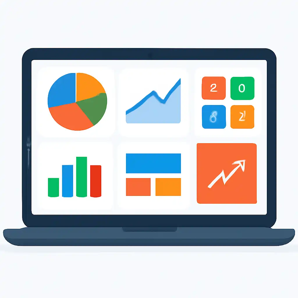 Laptop shown from the front displaying a colourful flat dashboard of abstract charts, bars and icon tiles (no text, no letters, no labels), The raja