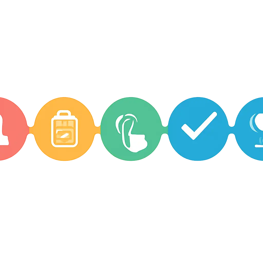 Five numbered circular icons connected by arrows in a horizontal flow, flat illustration, icons only, no words, The raja steps