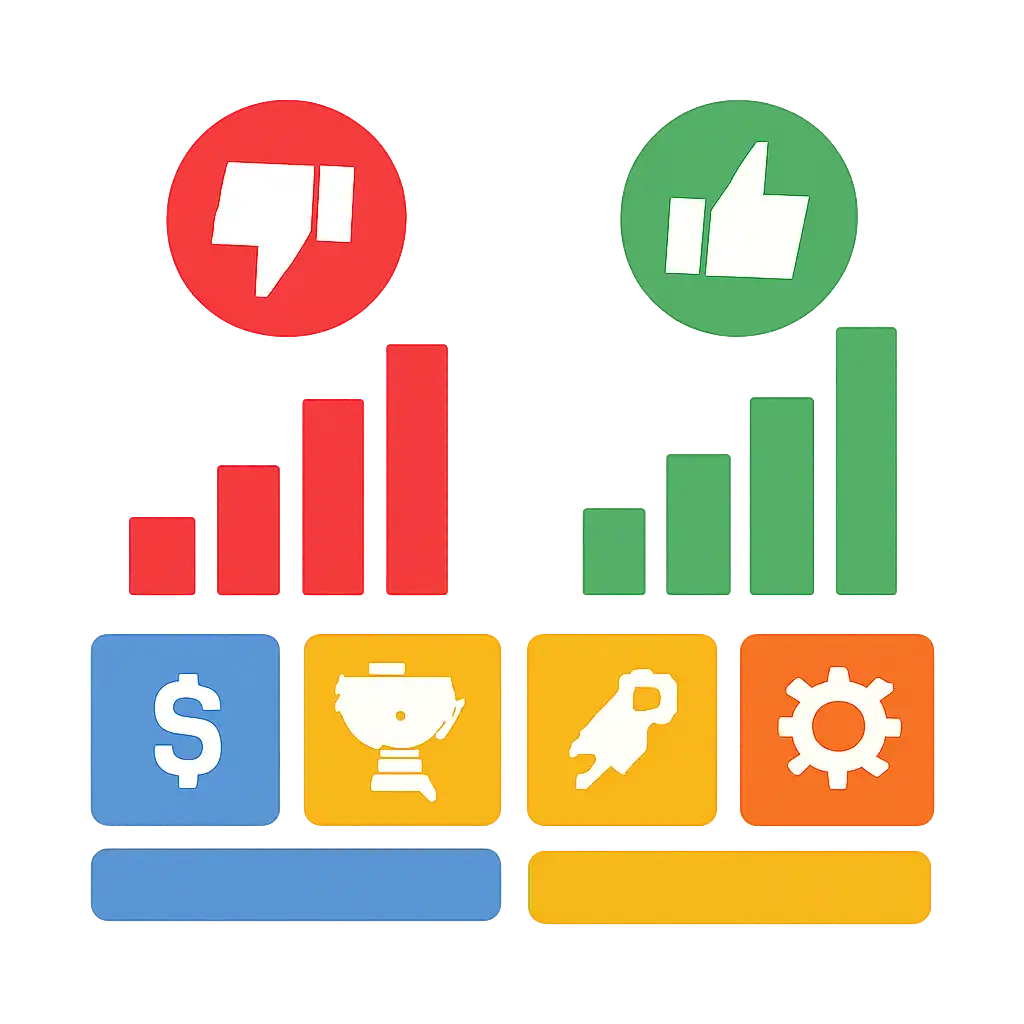 Infographic comparing options using coloured bars and icons only, no text or labels, flat design, The raja