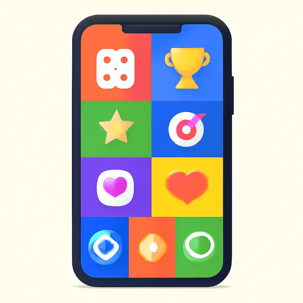 Smartphone shown from the front displaying a colourful flat layout of abstract game icons and rounded tiles (no text, no letters, no labels), Free