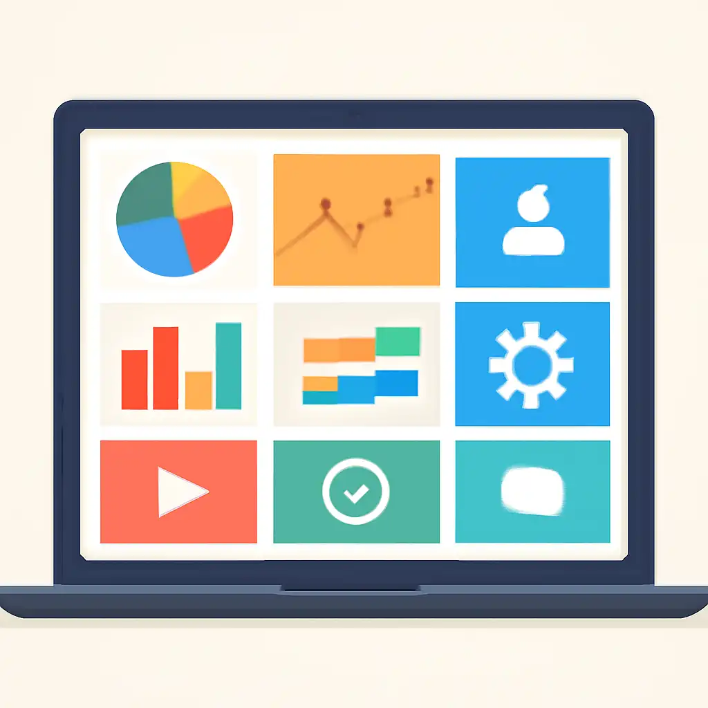 Laptop shown from the front displaying a colourful flat dashboard of abstract charts, bars and icon tiles (no text, no letters, no labels), Free