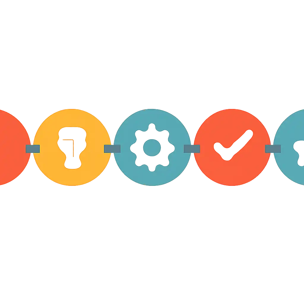Five numbered circular icons connected by arrows in a horizontal flow, flat illustration, icons only, no words, Free steps