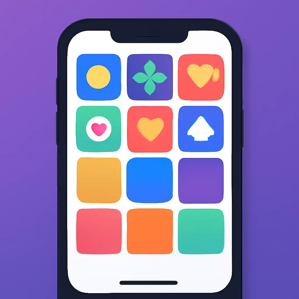 Smartphone shown from the front displaying a colourful flat layout of abstract game icons and rounded tiles (no text, no letters, no labels), Colour