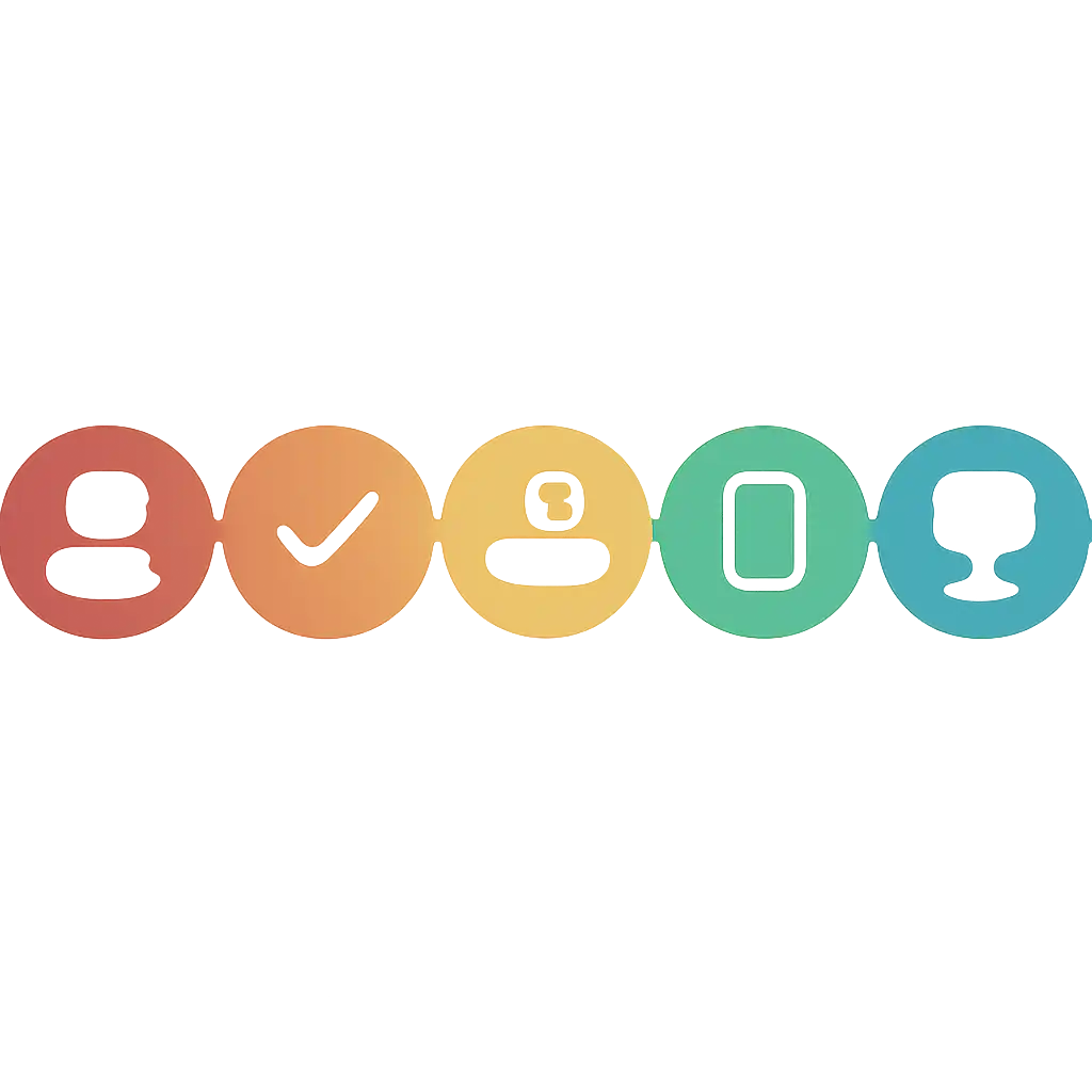 Five numbered circular icons connected by arrows in a horizontal flow, flat illustration, icons only, no words, Colour steps