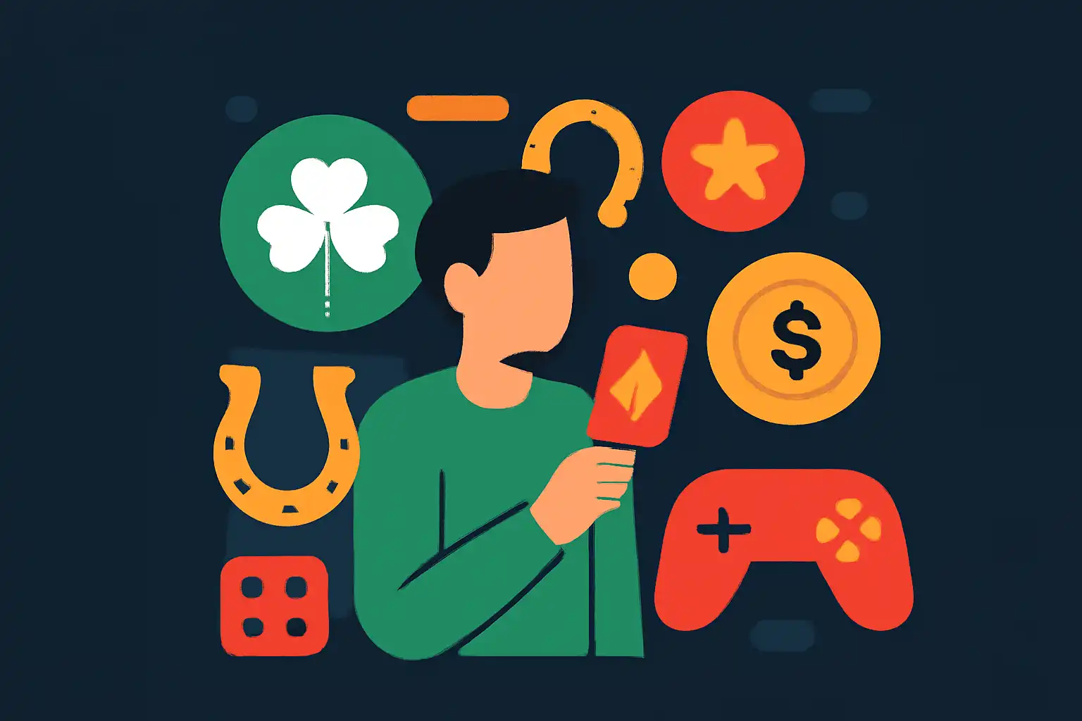 Hero illustration: Luck games manship, modern flat design, dark background, brand-neutral, icons and shapes only, no text