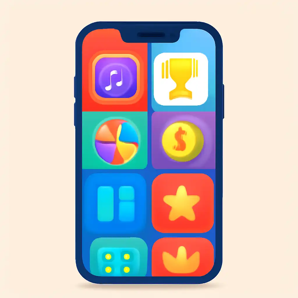 Smartphone shown from the front displaying a colourful flat layout of abstract game icons and rounded tiles (no text, no letters, no labels), Luck games manship