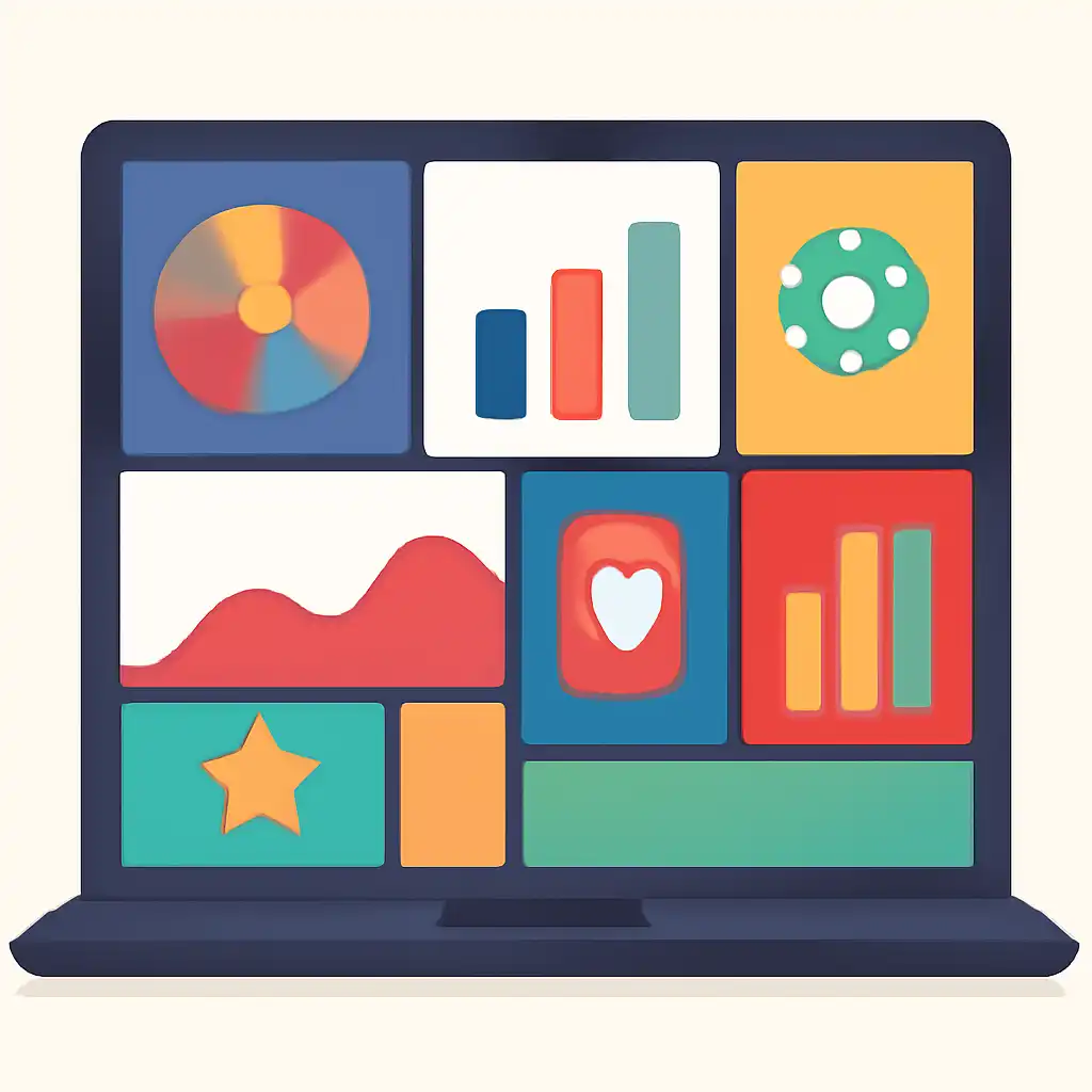 Laptop shown from the front displaying a colourful flat dashboard of abstract charts, bars and icon tiles (no text, no letters, no labels), Luck games manship