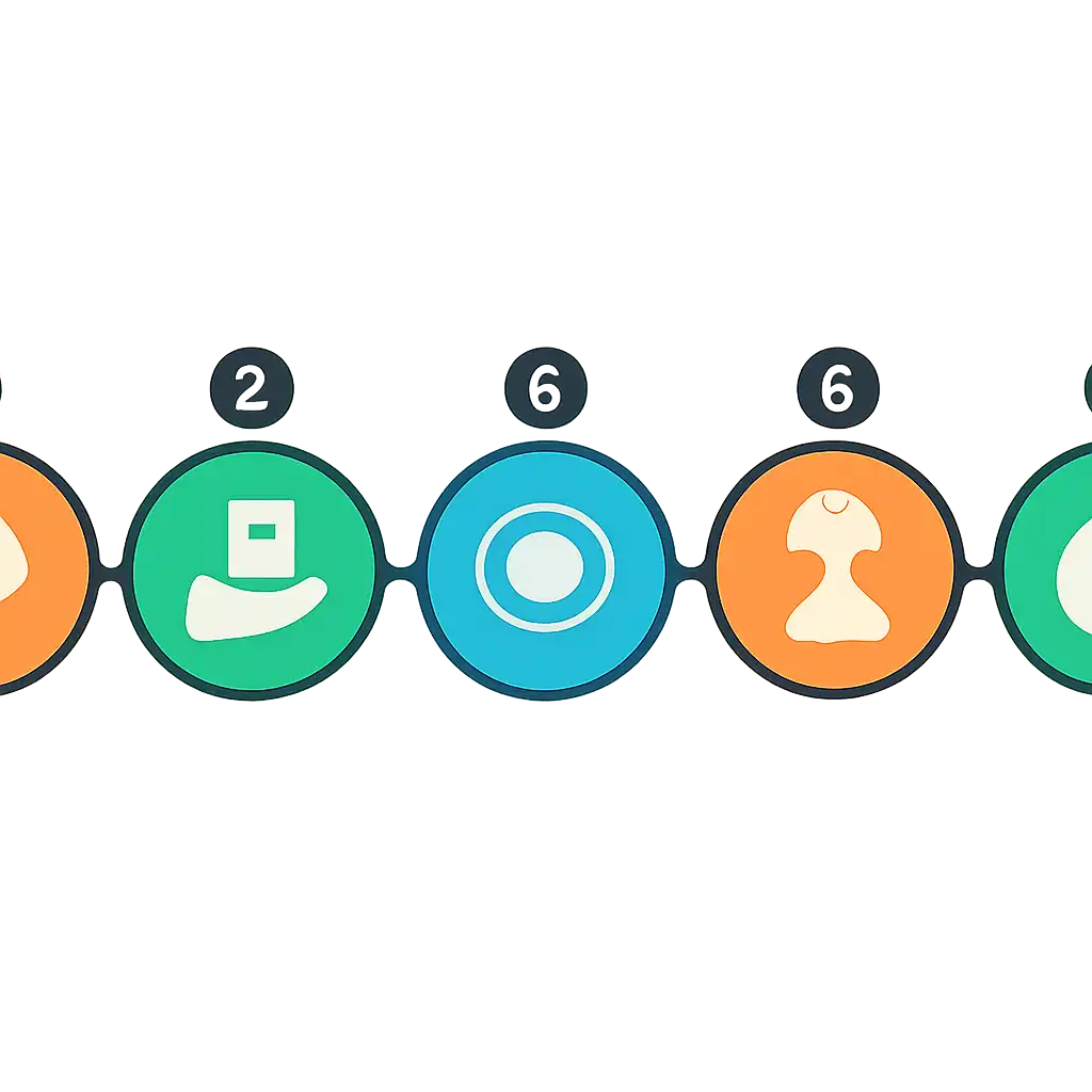 Five numbered circular icons connected by arrows in a horizontal flow, flat illustration, icons only, no words, Luck games manship steps