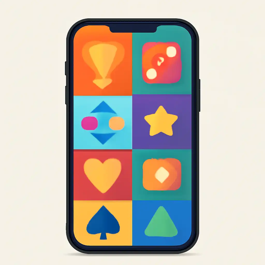 Smartphone shown from the front displaying a colourful flat layout of abstract game icons and rounded tiles (no text, no letters, no labels), Kaise