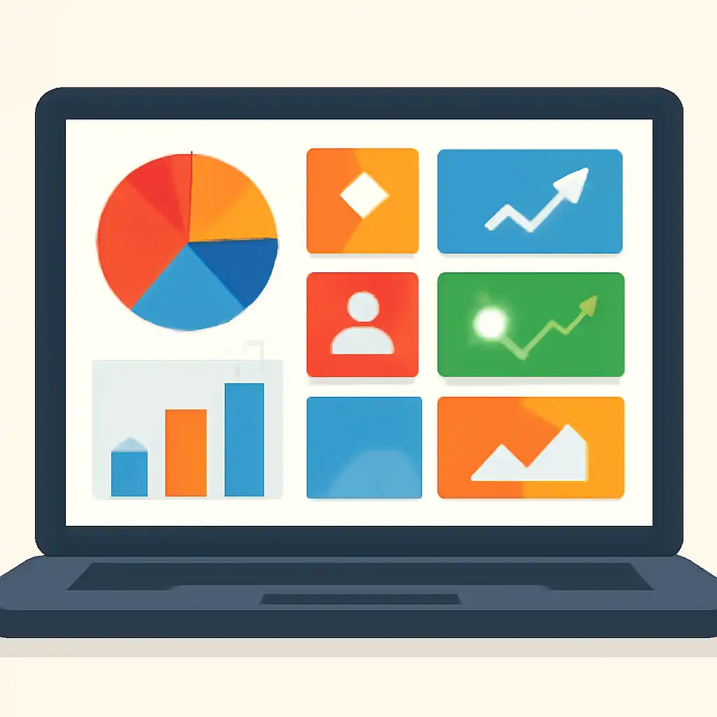Laptop shown from the front displaying a colourful flat dashboard of abstract charts, bars and icon tiles (no text, no letters, no labels), Kaise