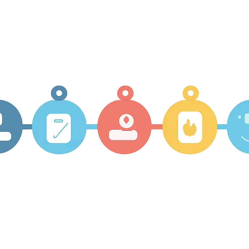 Five numbered circular icons connected by arrows in a horizontal flow, flat illustration, icons only, no words, Kaise steps